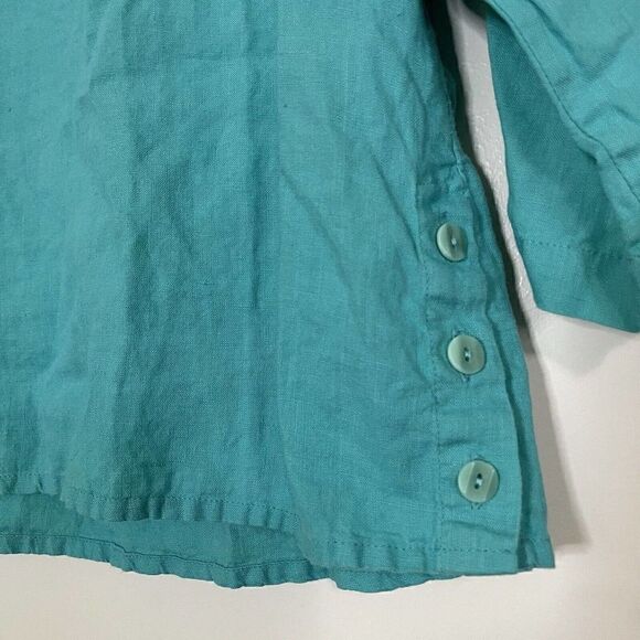 FLAX Turquoise Blue knit Linen side button Long sleeve top size SMALL - Picture 3 of 5